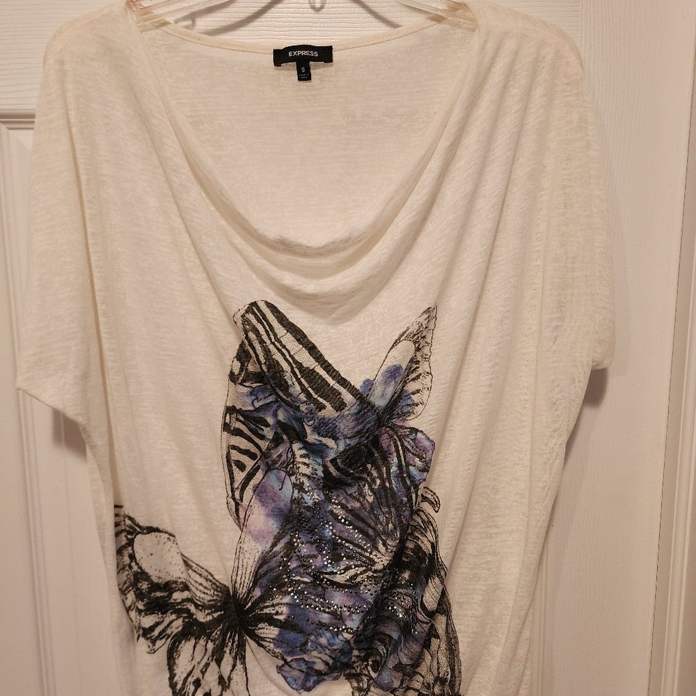 Express White Drape Neck Winged Bling Graphic Top